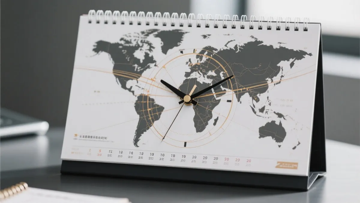 日历与时区叠加的视觉隐喻，代表世界杯开幕日期与转播黄金时段的选择