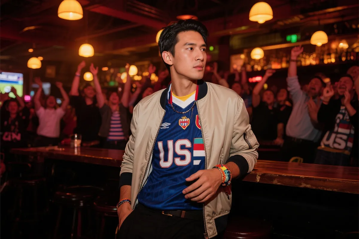 夜间酒吧观赛穿搭：球衣与轻外套的精致层次