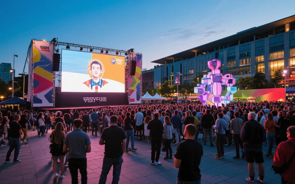 公共广场上的露天观赛与临时装置艺术，体现城市节日氛围