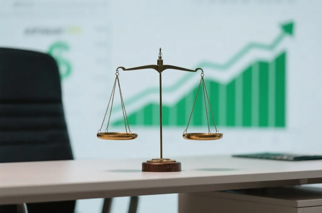 A classic balanced scale on a modern desk with a green financial growth chart in the background, symbolizing risk management.